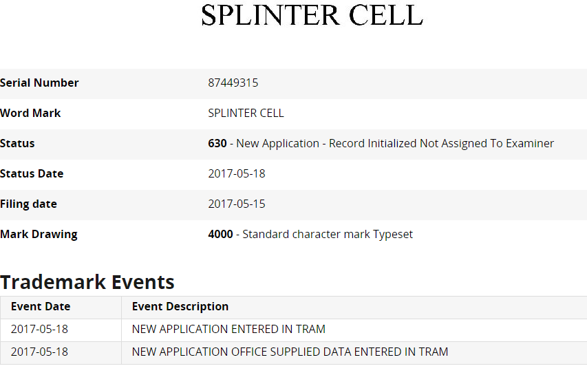 splinter cell 2017 trademark